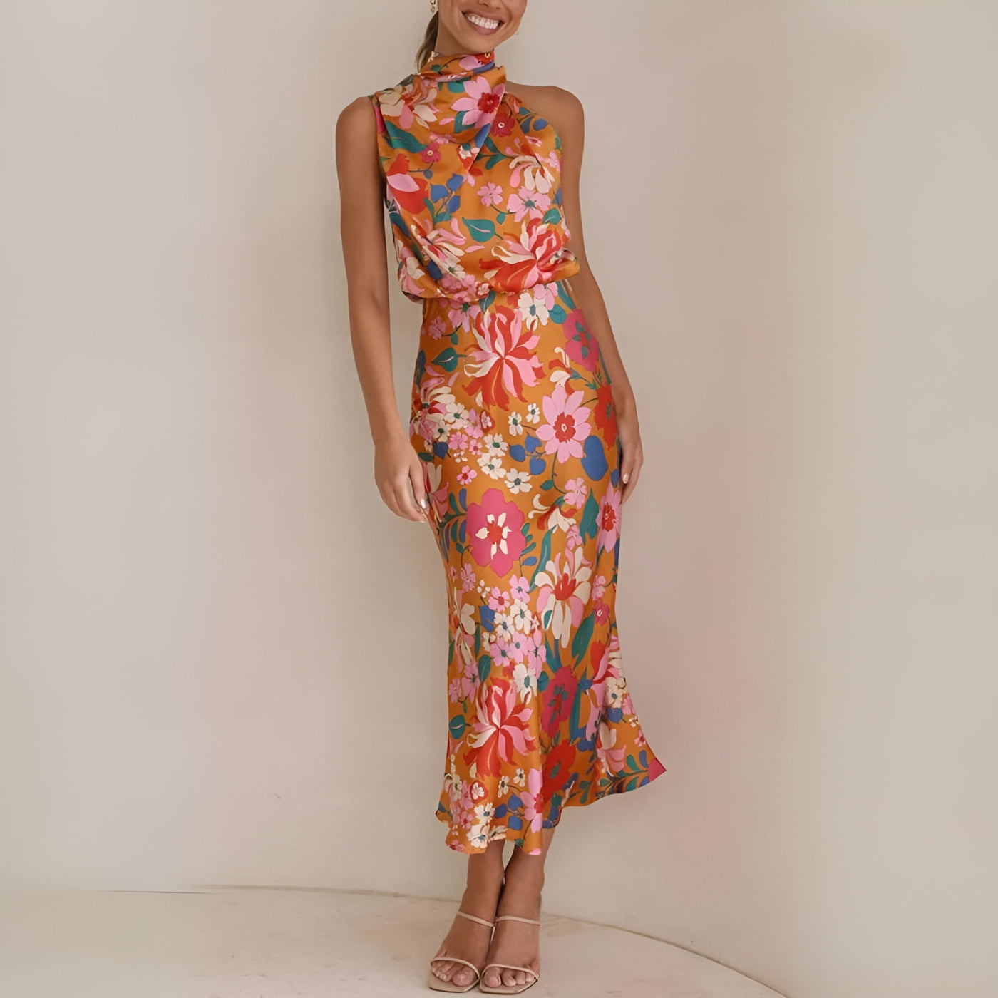 Women's Halter Midi Dress - Draped Asymmetrical Design - Elegant Floral Print