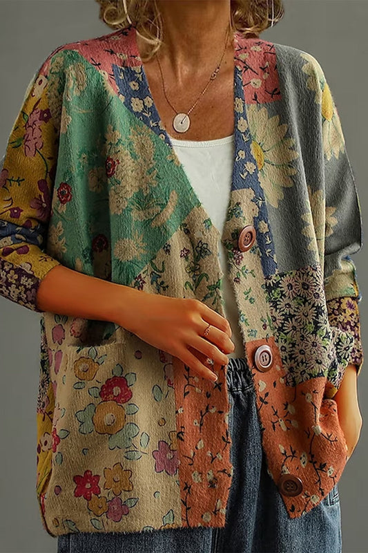 Women’s Cardigan – Soft Knit – Relaxed Fit – V-Neck Floral Patchwork – Long Sleeve
