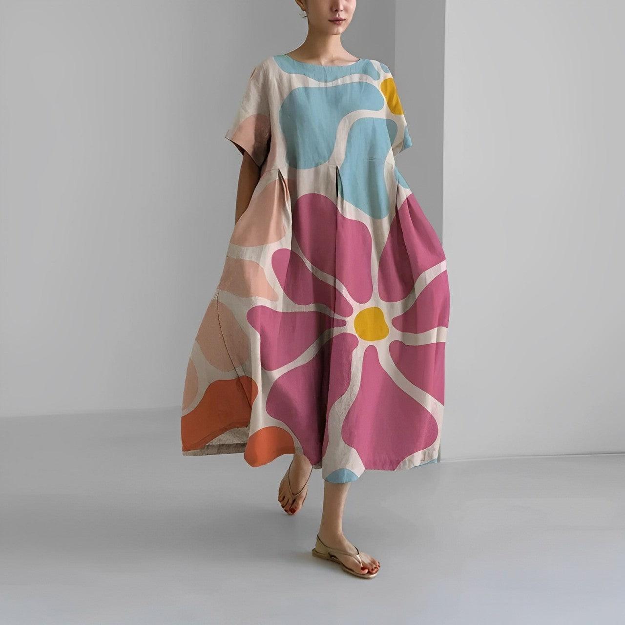 Women's Boho Floral Print Casual Loose Swing Dress