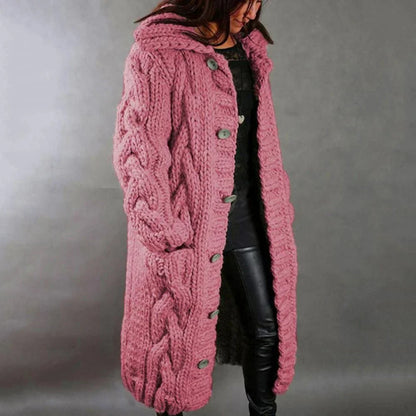 Women’s Knit Coat – Oversized Fit – Chunky Cable Wool Blend – Hooded Longline Design