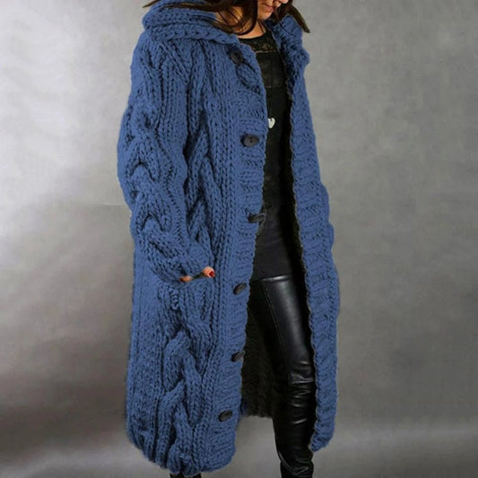Women’s Knit Coat – Oversized Fit – Chunky Cable Wool Blend – Hooded Longline Design