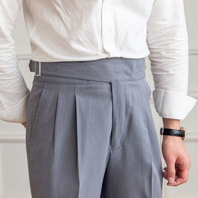 Men’s High-Waisted Trousers – Tailored Fit – Pleated Front – Adjustable Side Buckle