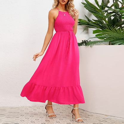 Women's Maxi Dress - Halter Neck - Smocked Bodice - Tie Waist - Flowy Ruffle Hem