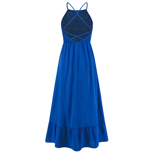 Women's Maxi Dress - Halter Neck - Smocked Bodice - Tie Waist - Flowy Ruffle Hem