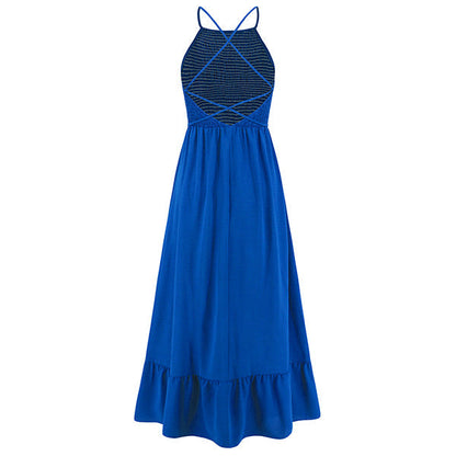 Women's Maxi Dress - Halter Neck - Smocked Bodice - Tie Waist - Flowy Ruffle Hem