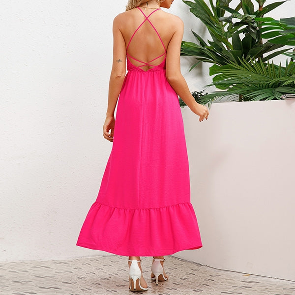 Women's Maxi Dress - Halter Neck - Smocked Bodice - Tie Waist - Flowy Ruffle Hem