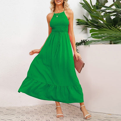 Women's Maxi Dress - Halter Neck - Smocked Bodice - Tie Waist - Flowy Ruffle Hem