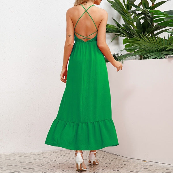 Women's Maxi Dress - Halter Neck - Smocked Bodice - Tie Waist - Flowy Ruffle Hem