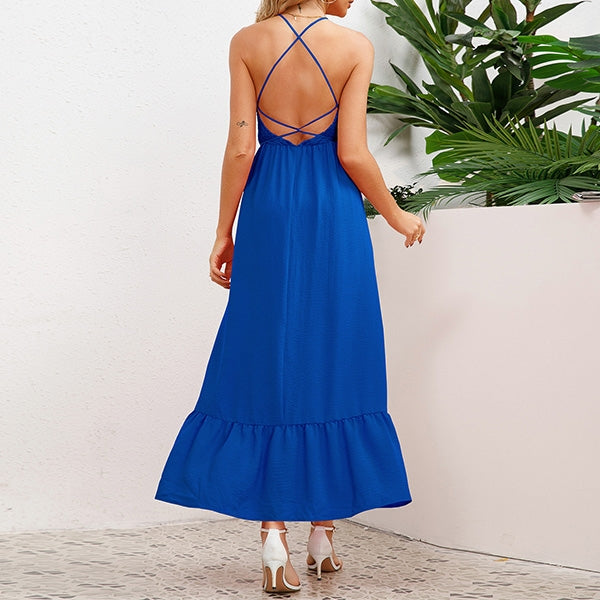 Women's Maxi Dress - Halter Neck - Smocked Bodice - Tie Waist - Flowy Ruffle Hem