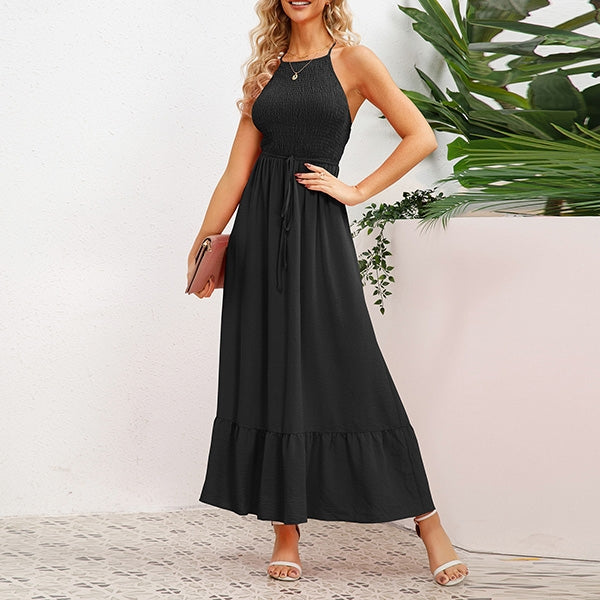 Women's Maxi Dress - Halter Neck - Smocked Bodice - Tie Waist - Flowy Ruffle Hem