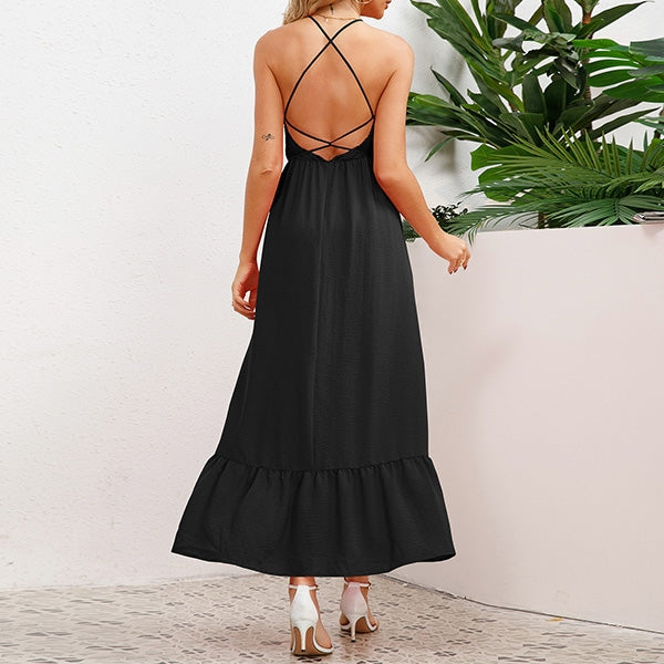 Women's Maxi Dress - Halter Neck - Smocked Bodice - Tie Waist - Flowy Ruffle Hem