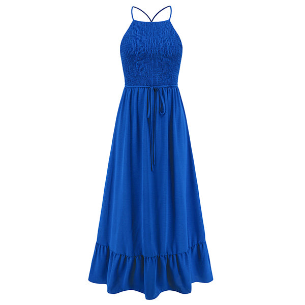 Women's Maxi Dress - Halter Neck - Smocked Bodice - Tie Waist - Flowy Ruffle Hem