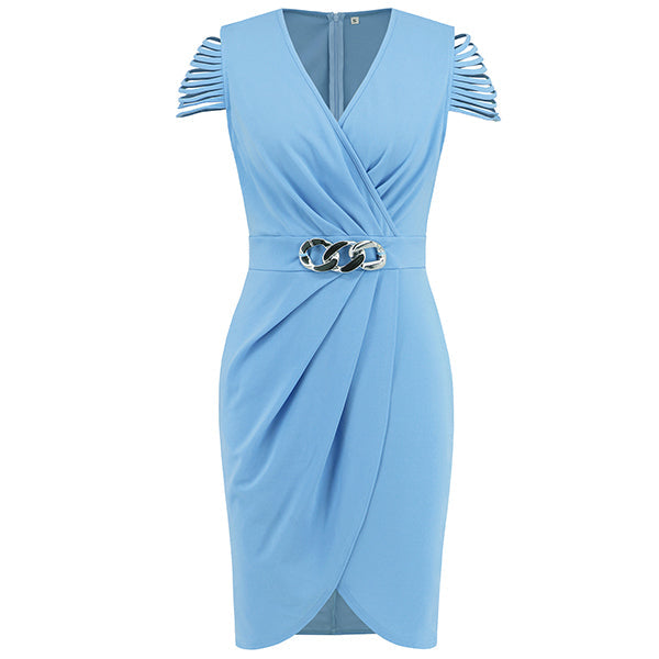 Women's Wrap Dress - V-Neck Knee-Length - Open Shoulder with Chain Belt