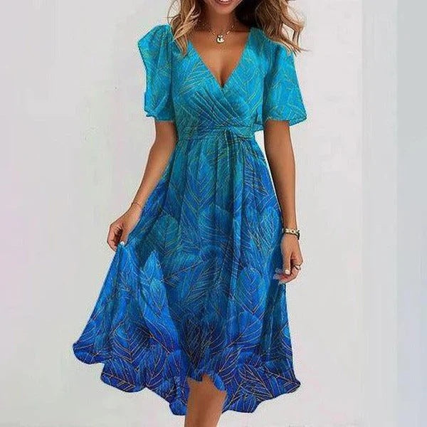 Women's Dress - Flowy Midi Wrap Dress - Short Sleeves - V-Neckline - Floral Print