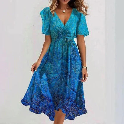 Women's Dress - Flowy Midi Wrap Dress - Short Sleeves - V-Neckline - Floral Print