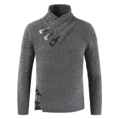 Men’s Pullover Sweater – Slim Fit – Wool Blend – Asymmetric Neckline – Buckle Detail