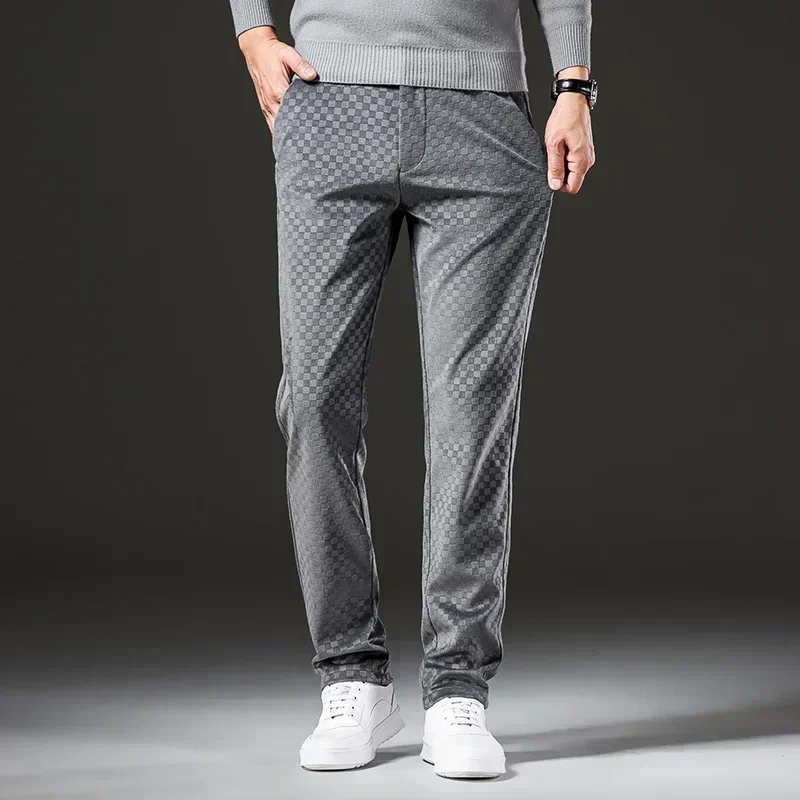 Men's straight cut casual trousers with diamond pattern