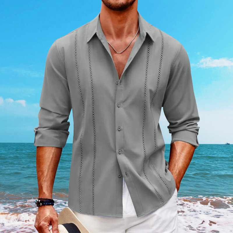 Men’s Button-Up Shirt – Relaxed Fit – Long Sleeve – Breathable Blend – Eyelet Detail