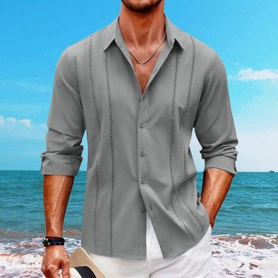Men’s Button-Up Shirt – Relaxed Fit – Long Sleeve – Breathable Blend – Eyelet Detail