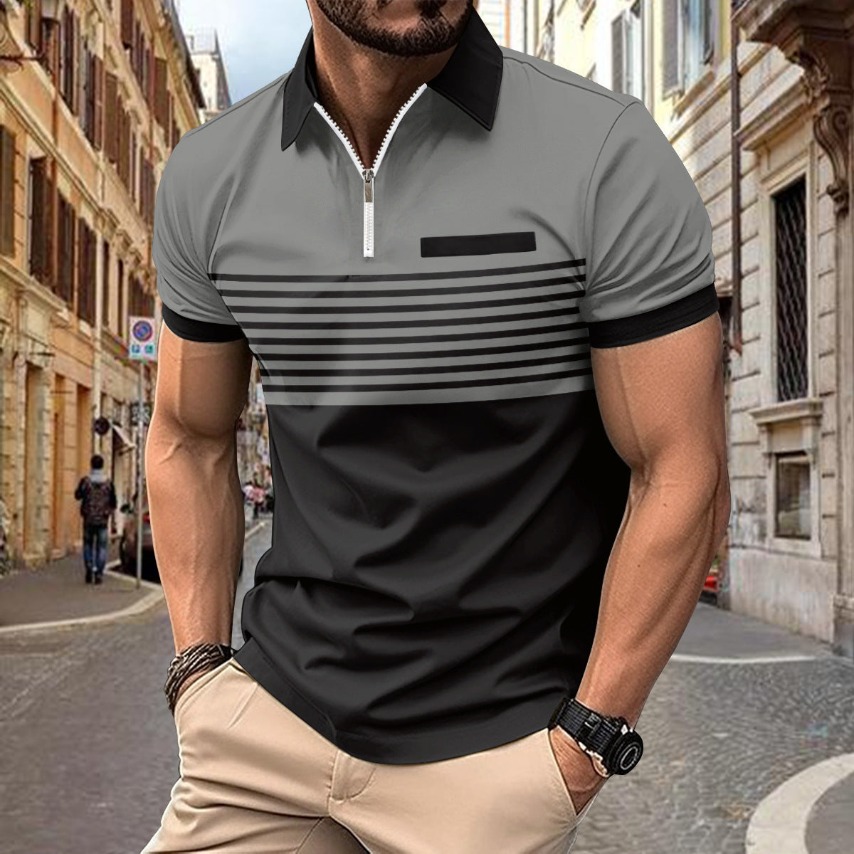 Men’s Polo Shirt - Striped Design - Tailored Fit - Breathable Casual Wear