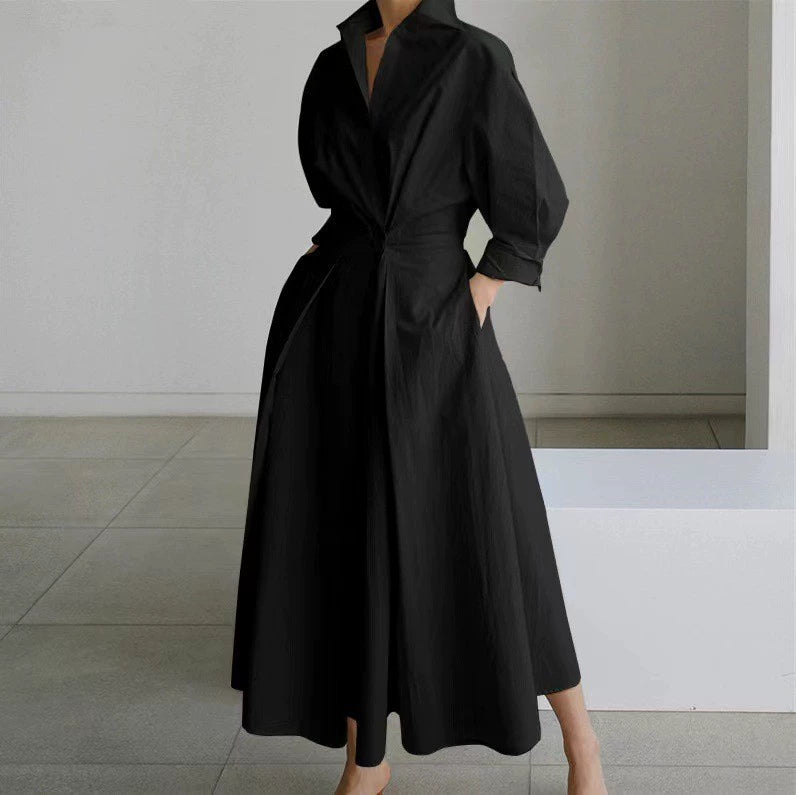Women’s Shirt Dress – Button Front – Cinched Waist – A-Line Fit – Long Sleeve – Pockets