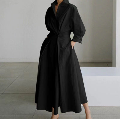 Women’s Shirt Dress – Button Front – Cinched Waist – A-Line Fit – Long Sleeve – Pockets