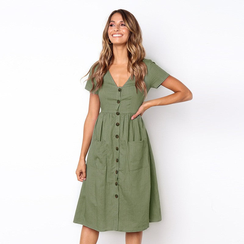 Women's Midi Dress - V-Neck Button Down - Short Sleeve Casual Fit