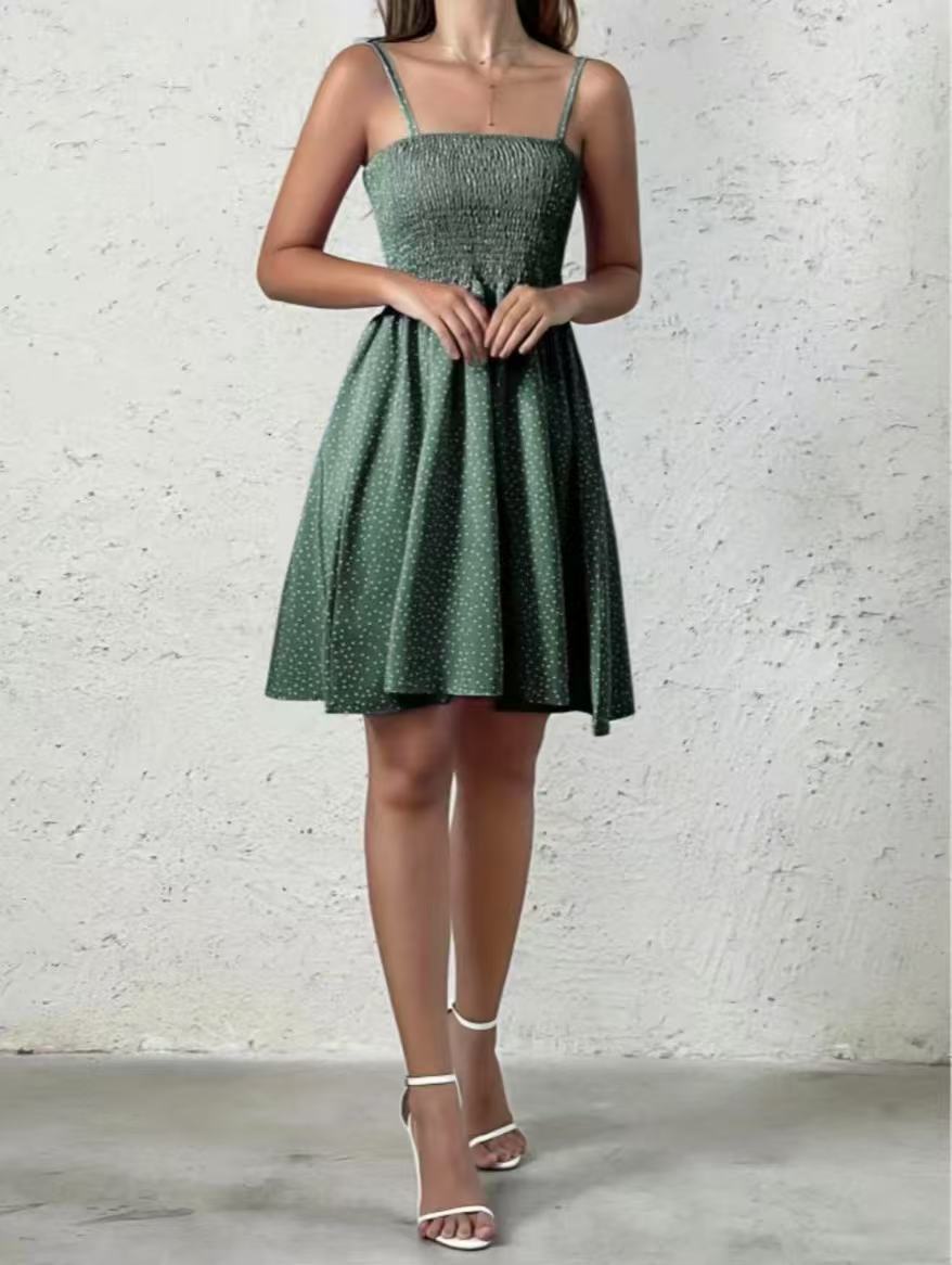Women's Sundress - Smocked Bodice - Straight Neck - Spaghetti Straps - Flowy A-Line
