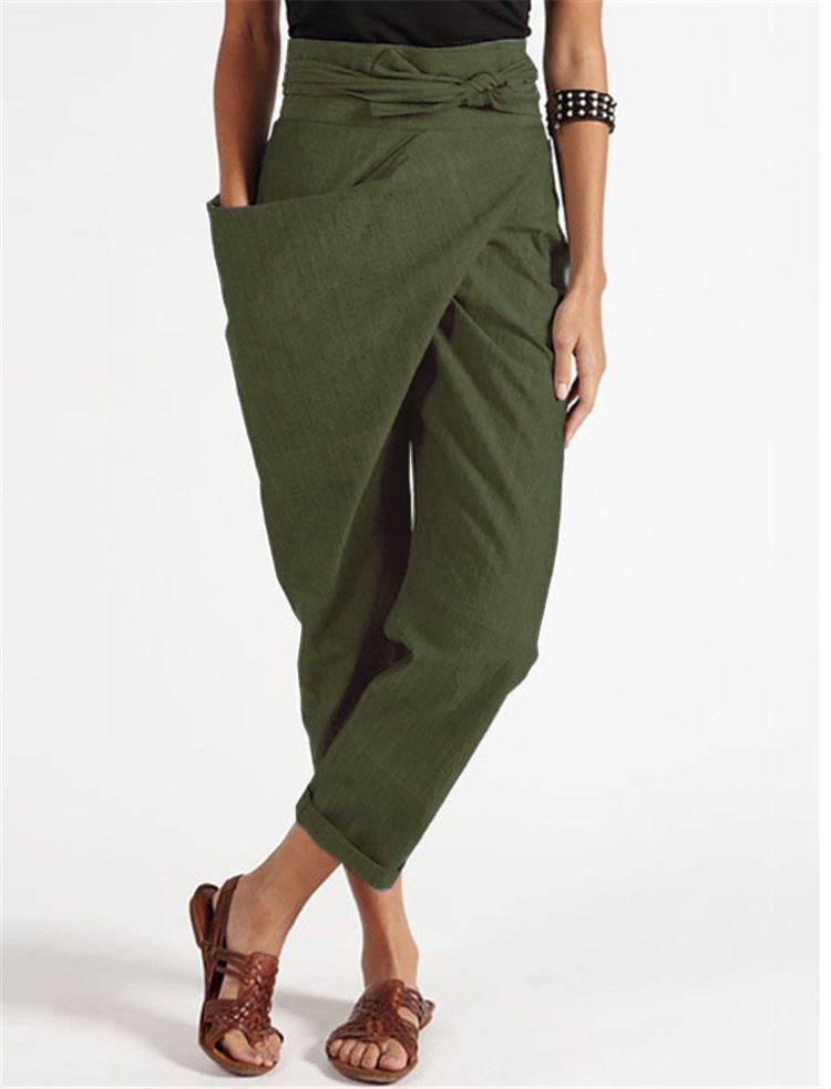 Women’s Trousers – Asymmetrical Wrap Design – High Waist – Relaxed Fit – Natural Fibers