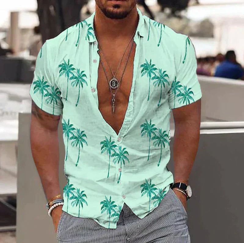 Men’s Short Sleeve Shirt – Relaxed Fit – Button-Down – Tropical Print – Natural Fibers