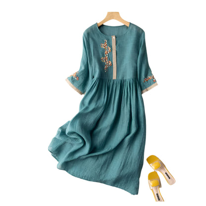 Women's Linen Dress - Embroidered - Relaxed Fit - Buttoned Placket - Mid-Length Sleeves