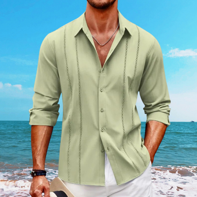 Men’s Button-Up Shirt – Relaxed Fit – Long Sleeve – Breathable Blend – Eyelet Detail