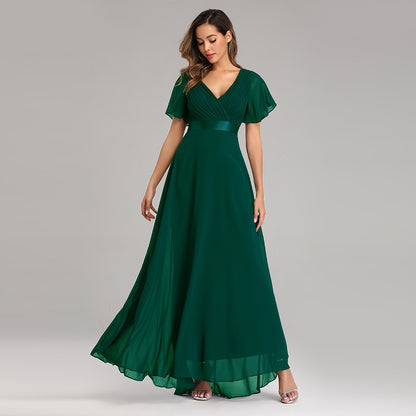 Women's Evening Gown - V-Neck with Flutter Sleeves - Flowing Maxi Length