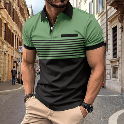 Men's Polo Shirt - Slim Fit - Short Sleeve - Striped Chest Design - Button Placket