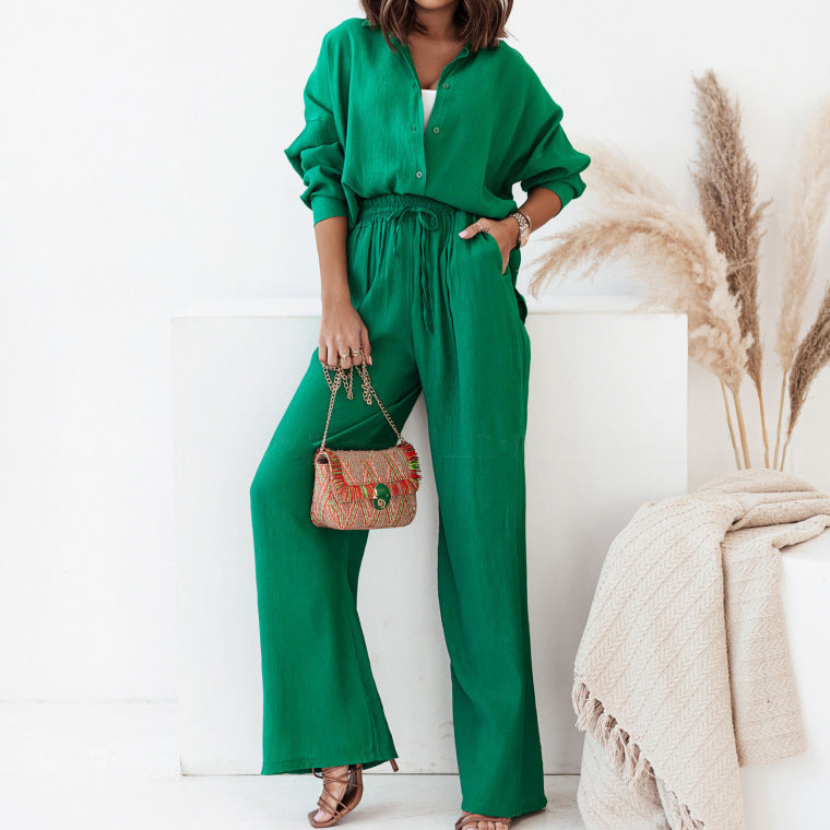 Women's Casual Chic Set - Relaxed Shirt - Wide-Leg Pants - Effortless Style