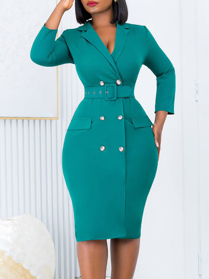 Women’s Bodycon Blazer Dress With Belt – Office Workwear – Long Sleeve Midi Dress – Double Breasted – Slim Fit