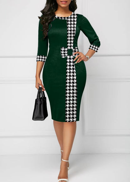 Stylish Hip-Wrapped Three-Quarter Sleeve Puzzle Print Dress for Women