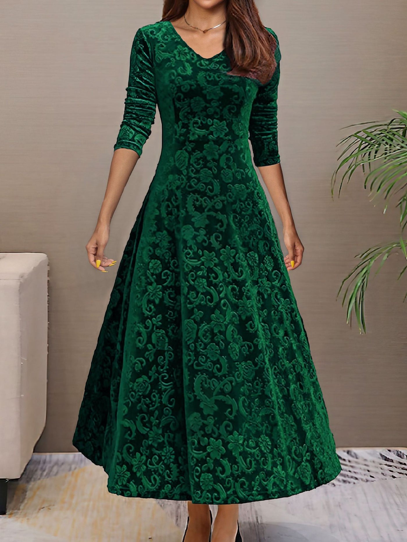 Women's Formal Dress - V-Neck - Floral Pattern - Velvet Elegant Evening Wear