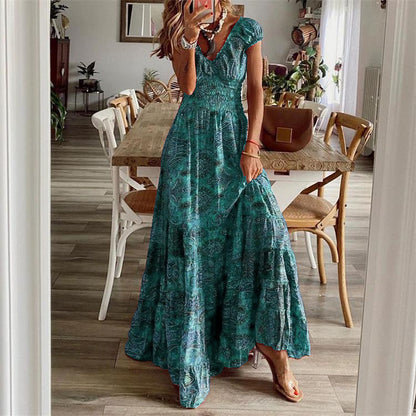 Women's Maxi Dress - V-Neck - Shirred Waist - Casual Fit - Boho Print