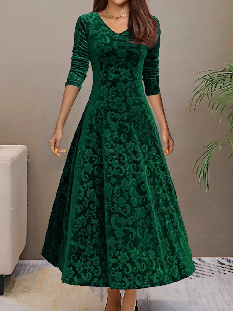 Women’s A-Line Dress – Velvet Feel – Floral Texture – Long Sleeve – Floor Length – V-Neck