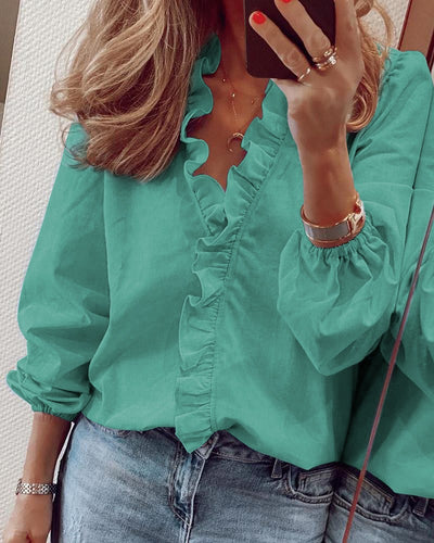 Women's Blouse - Ruffled Neckline - Tailored Fit - Three-Quarter Sleeves - Lightweight Fabric