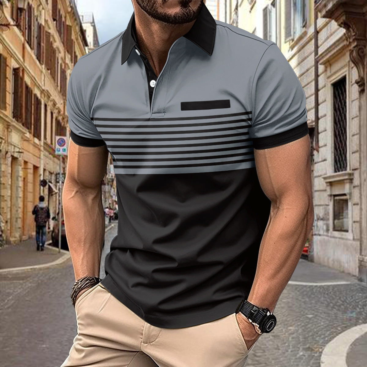 Men's Polo Shirt - Slim Fit - Short Sleeve - Striped Chest Design - Button Placket