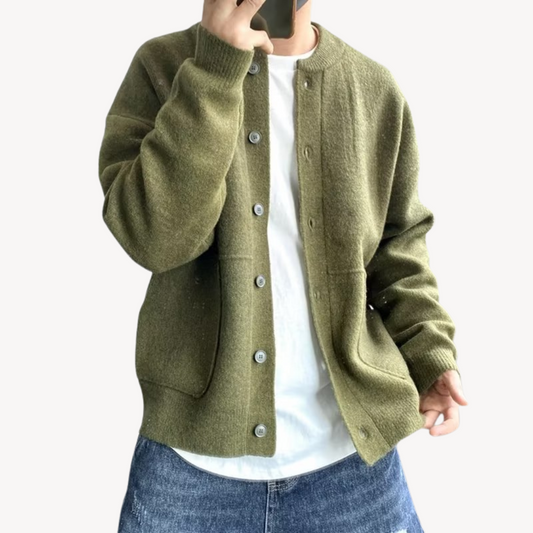 Men’s Cardigan – Wool Knit – Relaxed Fit – Button-Up Front – Ribbed Hem & Cuffs