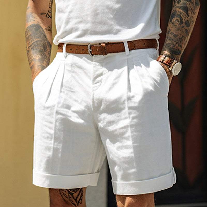 Men’s Tailored Shorts - Cotton Linen Blend - Pleated Front - Cuffed Hem - Breathable Fabric