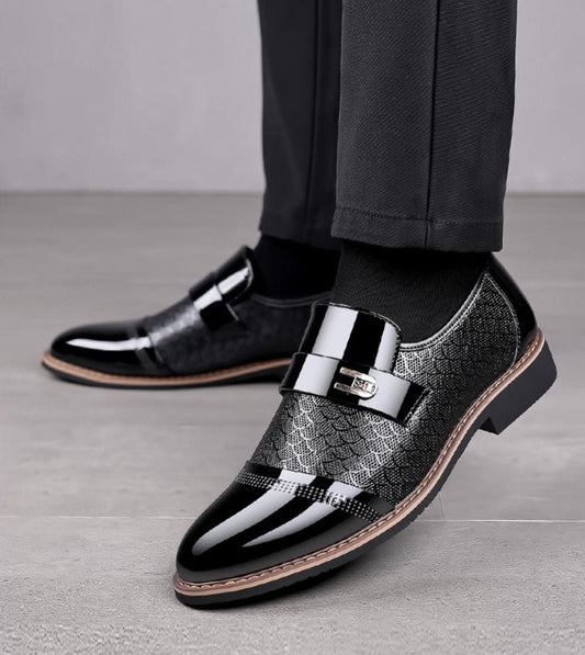 Men’s Dress Shoes – Double Monk Strap – Glossy Patent Look – Textured Detail