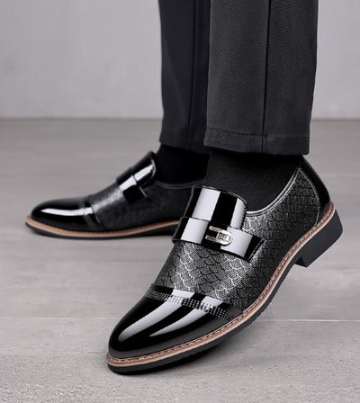 Men’s Dress Shoes – Double Monk Strap – Glossy Patent Look – Textured Detail