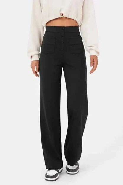 Women's Wide-Leg Trousers - High Waist - Button Closure - Front Pockets - Relaxed Fit