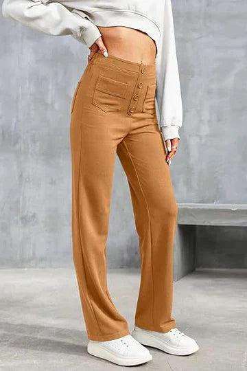 Women's Wide-Leg Trousers - High Waist - Button Closure - Front Pockets - Relaxed Fit