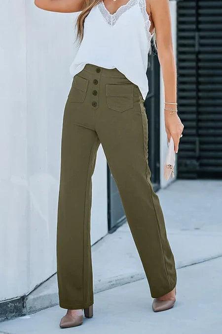 Women's Wide-Leg Trousers - High Waist - Button Closure - Front Pockets - Relaxed Fit