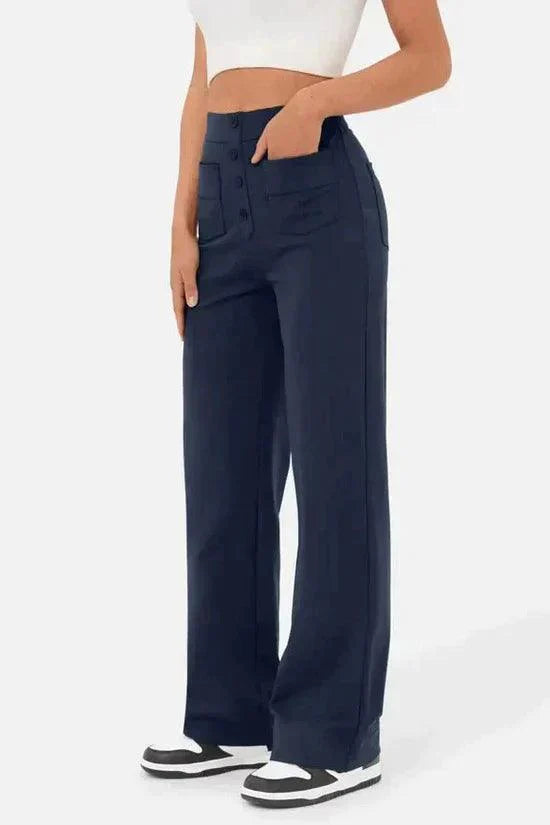 Women's Wide-Leg Trousers - High Waist - Button Closure - Front Pockets - Relaxed Fit